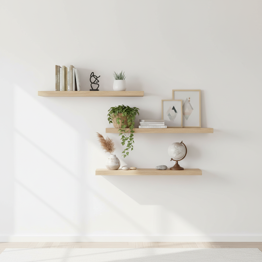 Set of 3 natural wood floating wall shelves with books, plants and decorative items