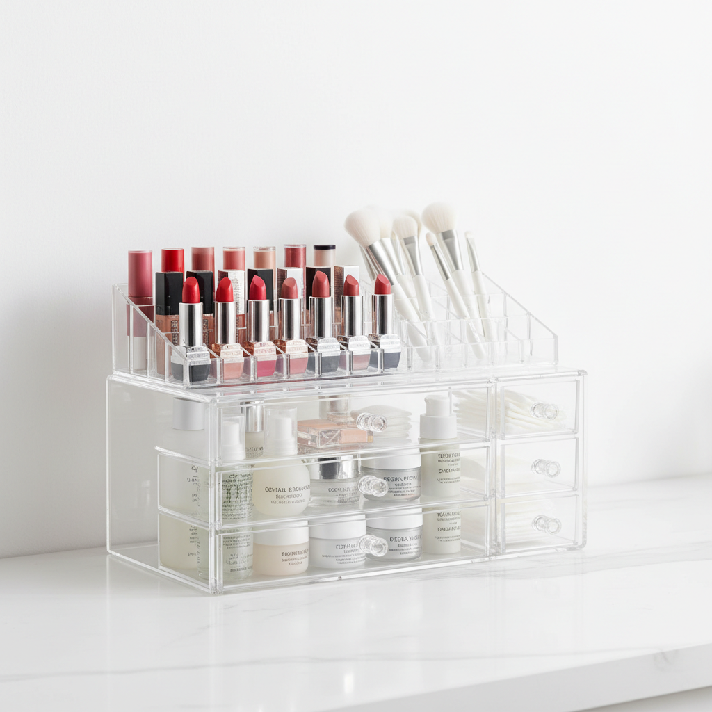 Clear acrylic makeup and skincare organizer with multiple compartments holding beauty products