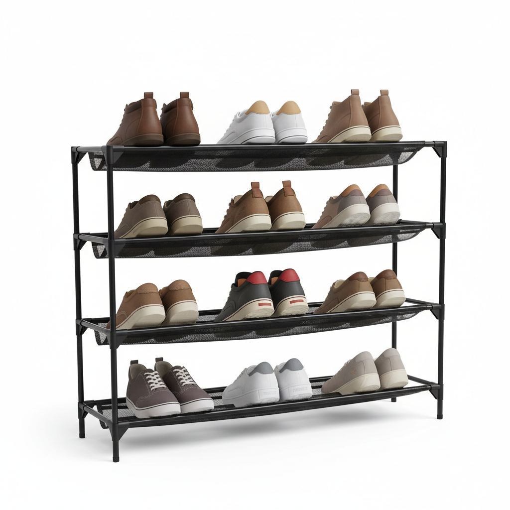 4-tier adjustable black metal shoe rack holding multiple pairs of shoes