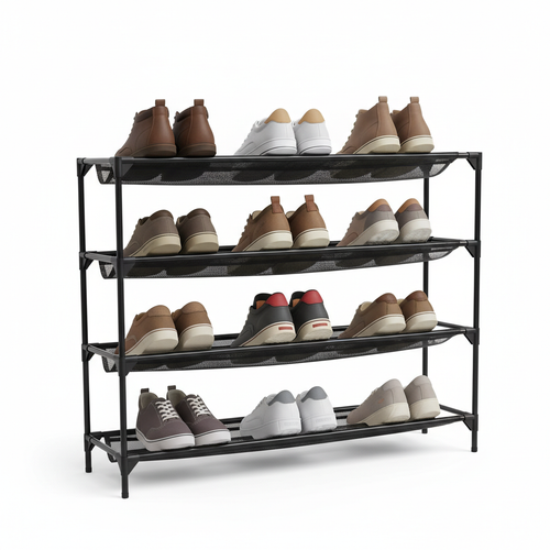 4-tier adjustable black metal shoe rack holding multiple pairs of shoes
