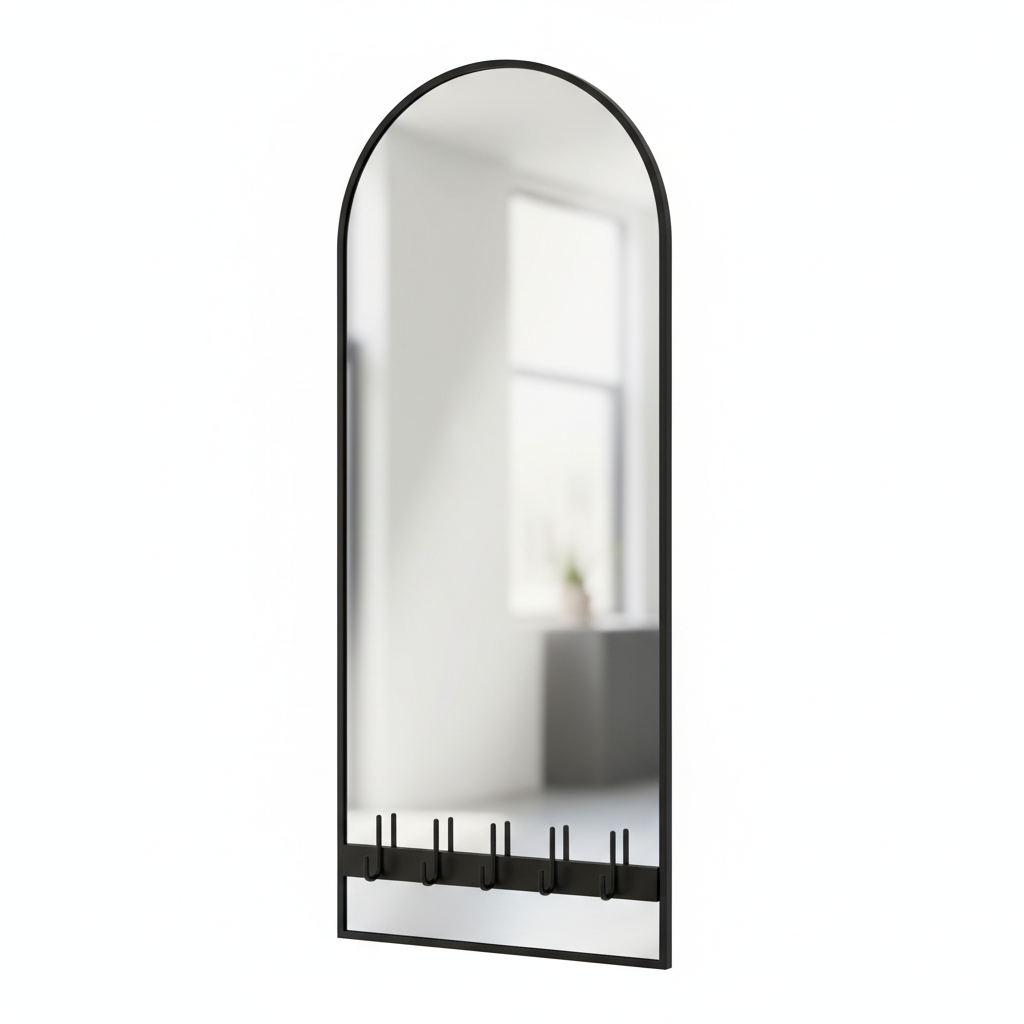 Arched entryway mirror with black metal frame and coat hooks along the bottom