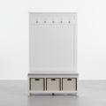 White wood entryway hall tree with coat hooks, cushioned bench and storage cubbies