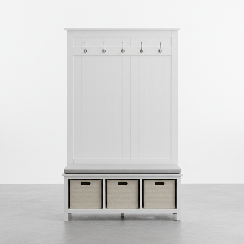 White wood entryway hall tree with coat hooks, cushioned bench and storage cubbies