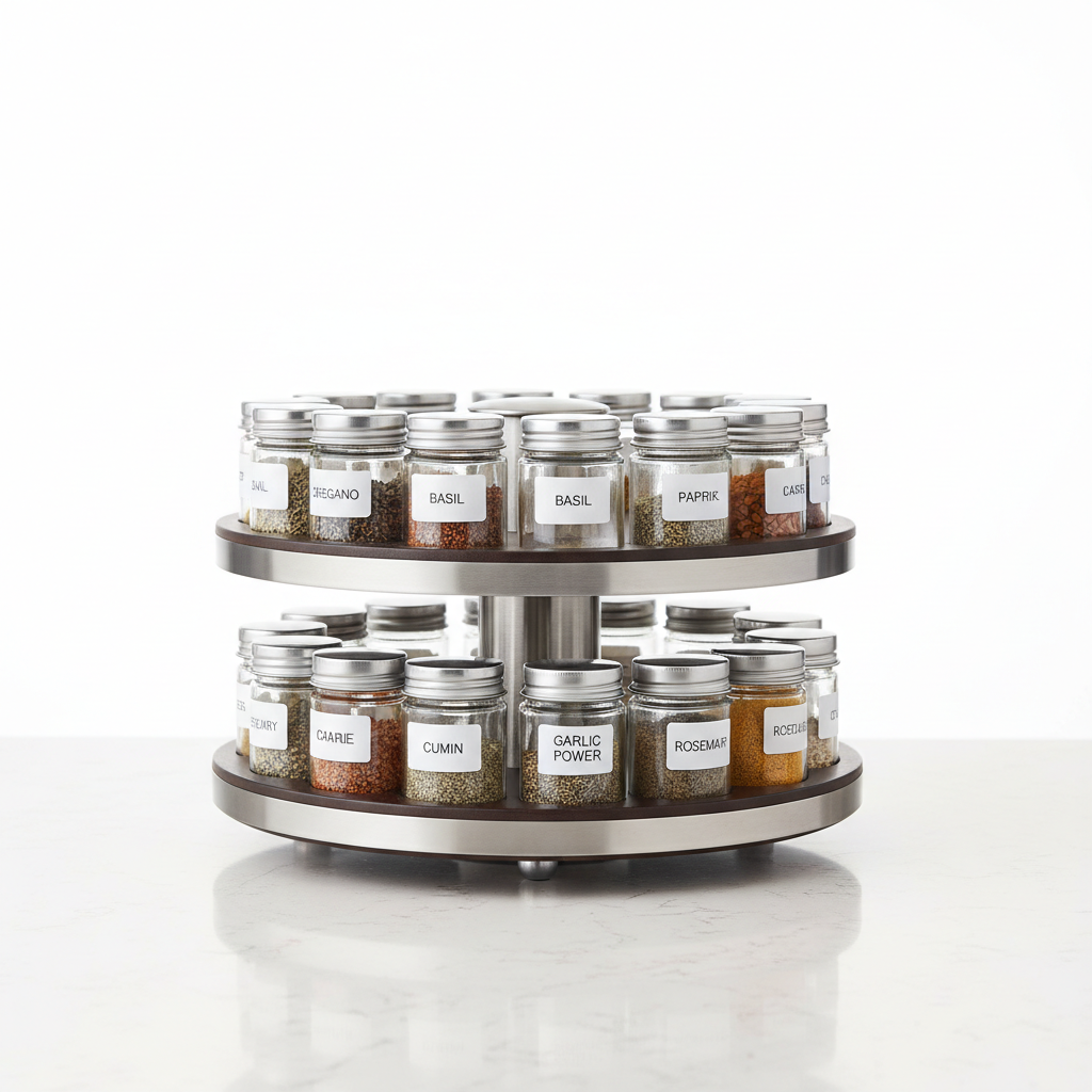 Rotating 2-tier spice rack organizer with spice jars on kitchen countertop