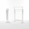 Portable folding clothes rack in white showing compact folded and open design