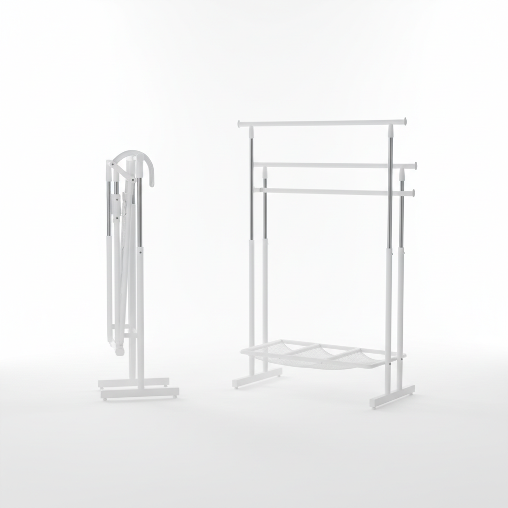 Portable folding clothes rack in white showing compact folded and open design