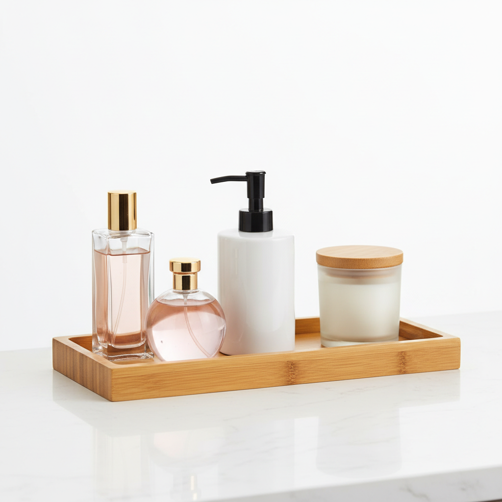 Bamboo bathroom vanity tray with perfume bottles, soap dispenser and candle on countertop