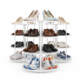 Rotating shoe carousel with multiple tiers holding pairs of shoes