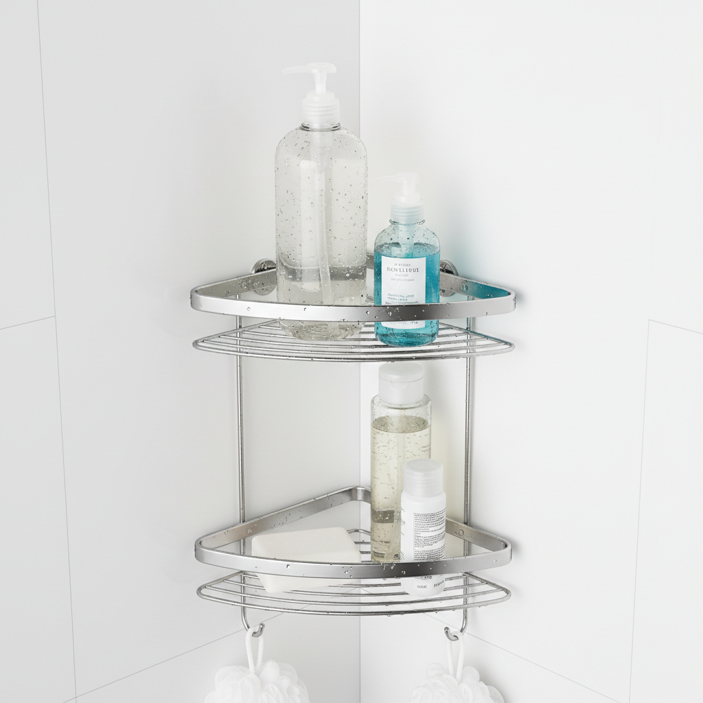 3-tier stainless steel shower caddy corner organizer with shampoo bottles and soap