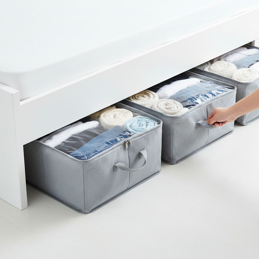 Set of 2 flat under-bed storage bags with clear window and zipper filled with clothes and blankets
