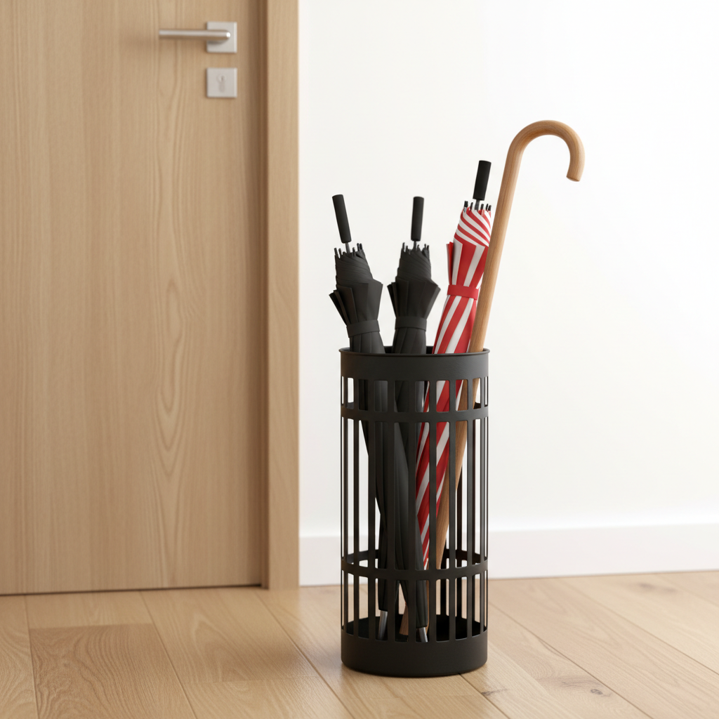 Matte black metal umbrella stand holding several umbrellas near front door
