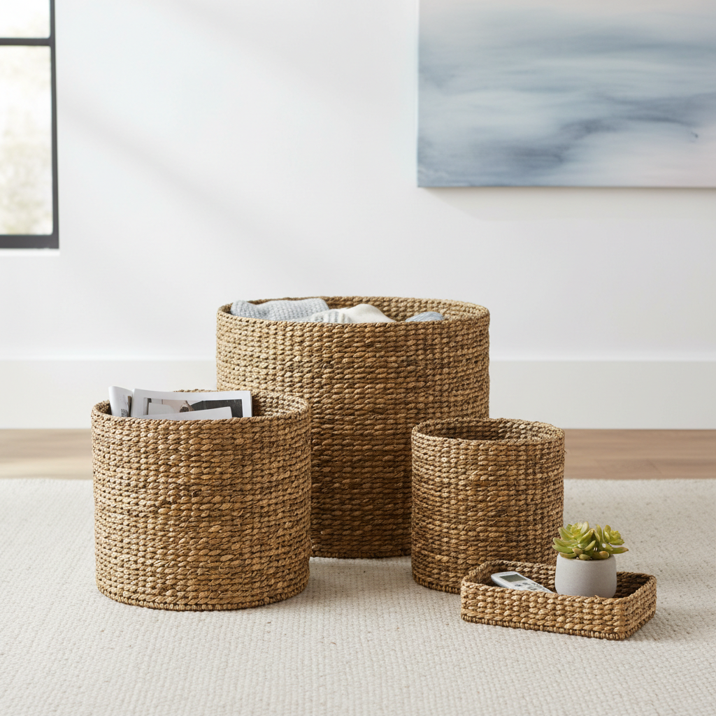 Set of 3 woven seagrass storage baskets in different sizes