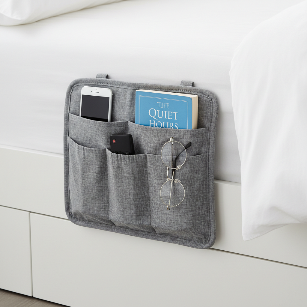 Bedside caddy hanging organizer with pockets holding phone, book and remote on side of bed