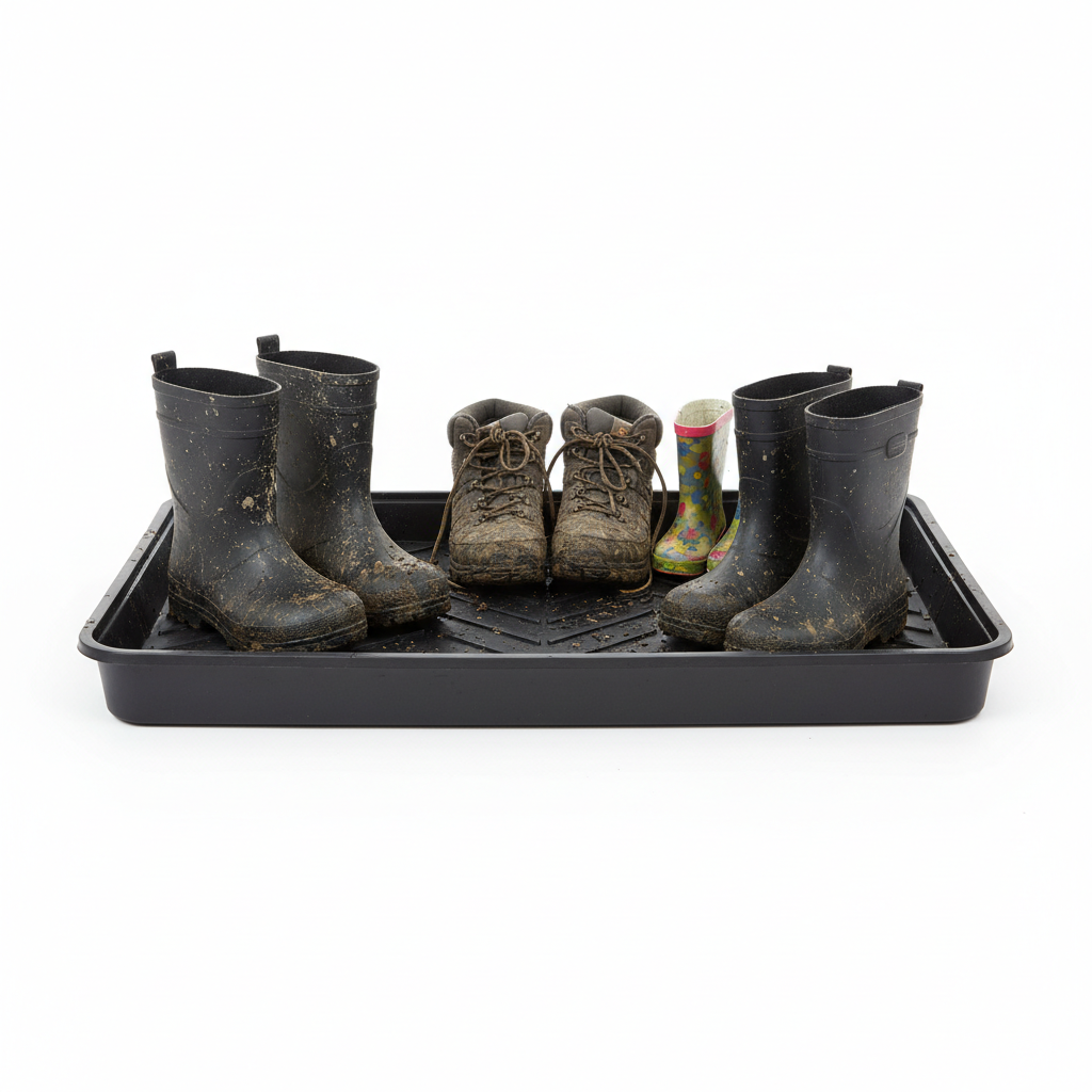 Large black rubber entryway shoe tray with raised edges holding boots and shoes