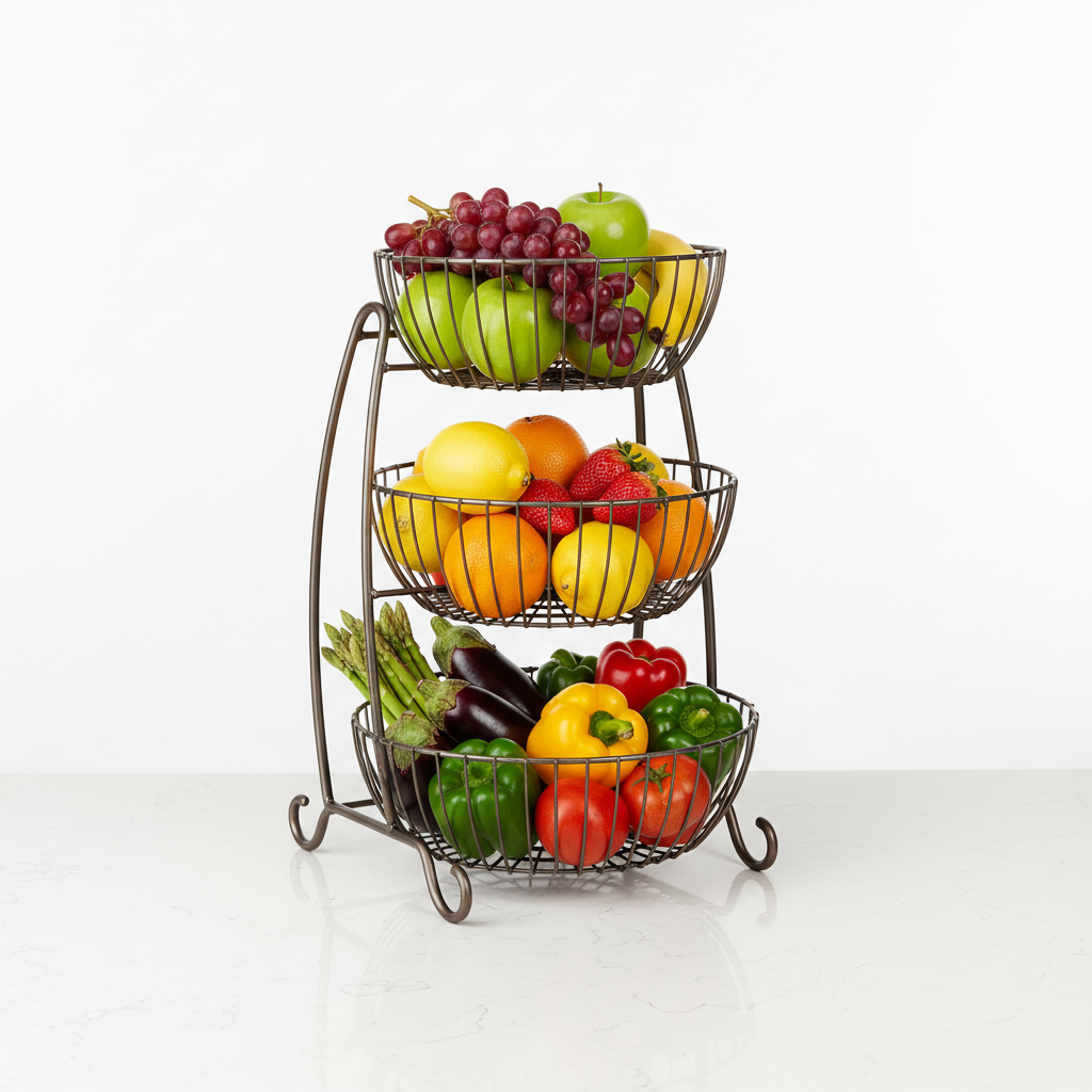 3-tier countertop fruit and vegetable basket stand with fresh produce