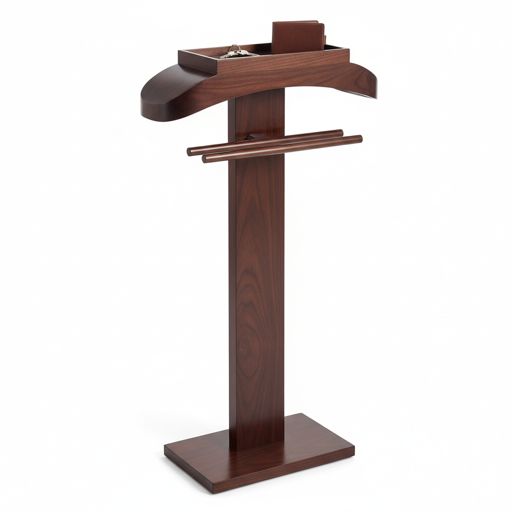 Freestanding walnut wood valet stand with jacket hanger, trouser rack and small tray