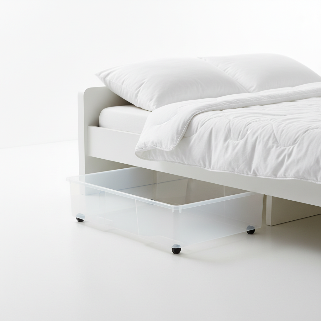 Under-bed rolling storage drawer on wheels sliding out from under a bed
