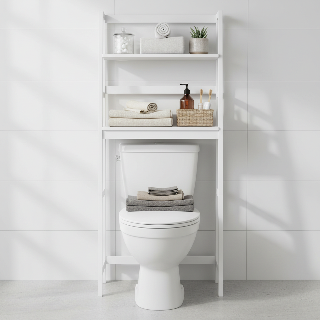 Over-the-toilet freestanding ladder shelf with towels and toiletries in white bathroom