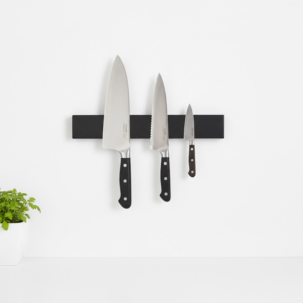 Magnetic knife strip wall mount in black wood holding kitchen knives on wall