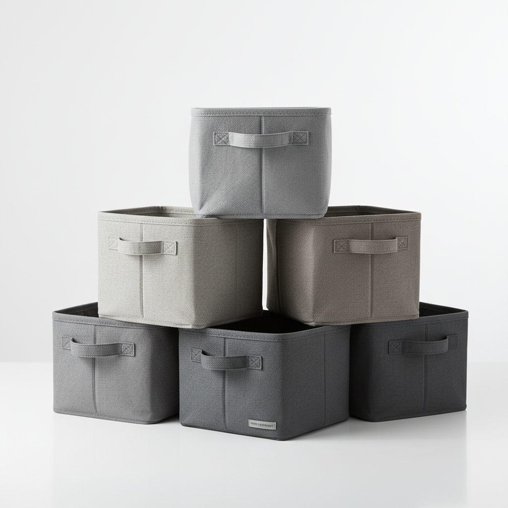 Foldable fabric storage cube baskets in neutral gray
