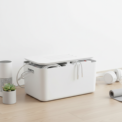White cable management box hiding power strip and cords in a clean living room setup