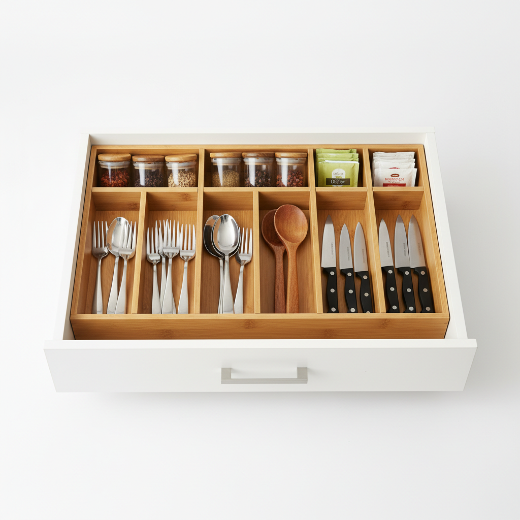 Bamboo drawer divider set with natural wood finish