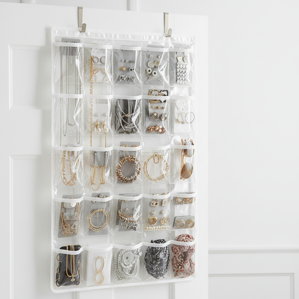 Over-the-door jewelry organizer with clear pockets holding necklaces, earrings and accessories