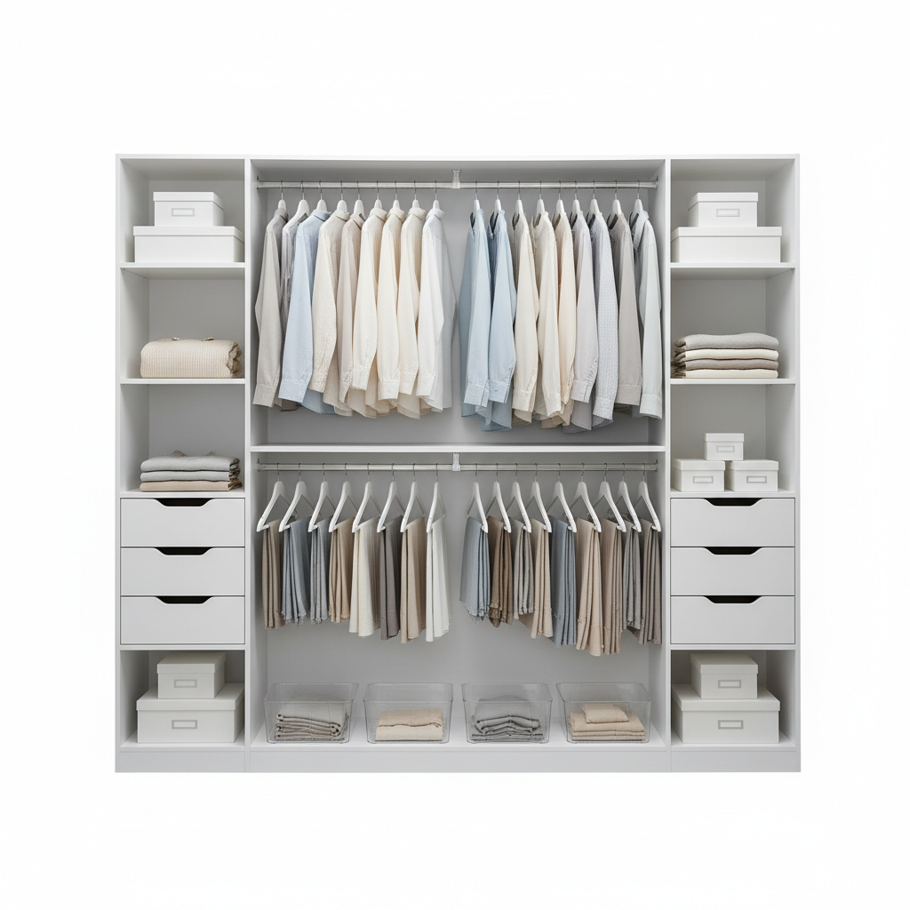 Double rod closet organizer with two hanging rods stacked vertically with clothes