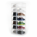 Clear stackable shoe boxes neatly stacked showing shoes inside