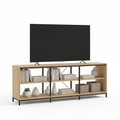Minimalist TV stand with natural wood shelves and black metal frame in modern living room