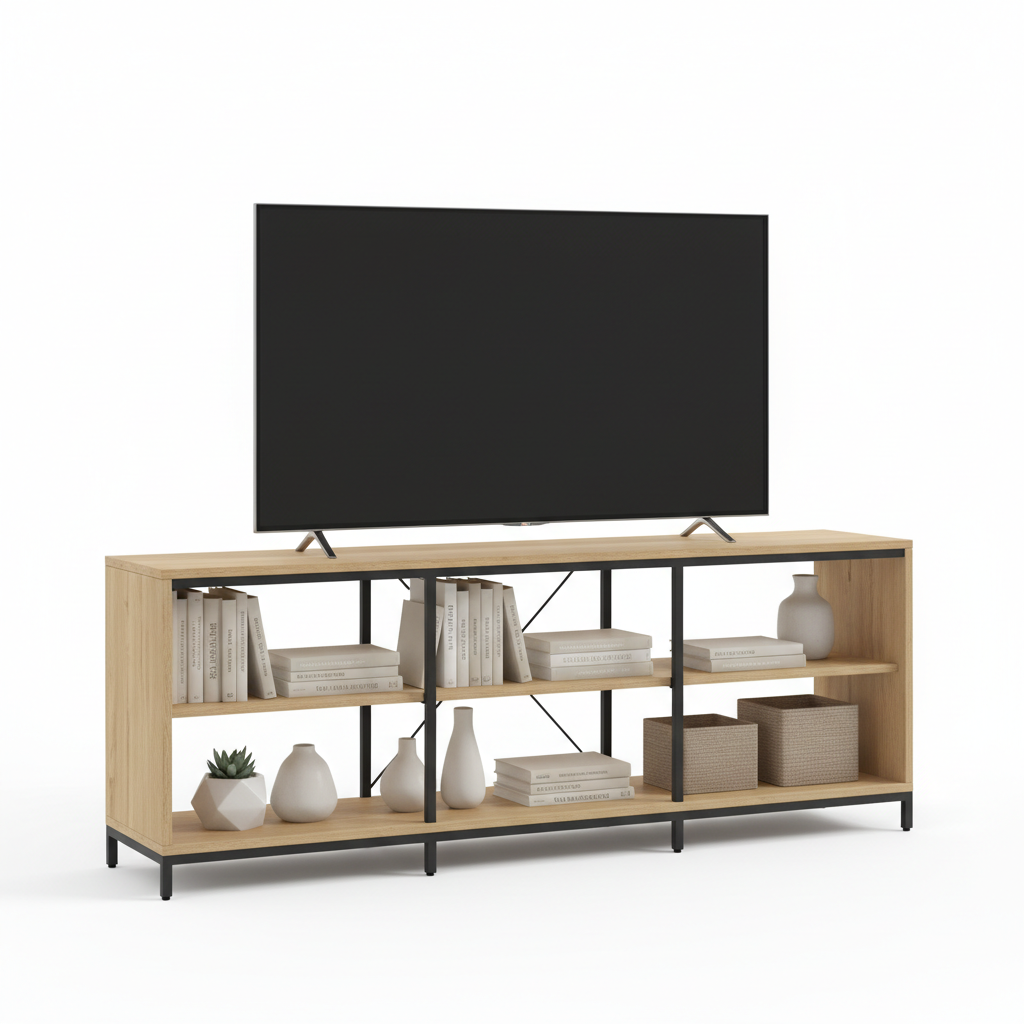 Minimalist TV stand with natural wood shelves and black metal frame in modern living room