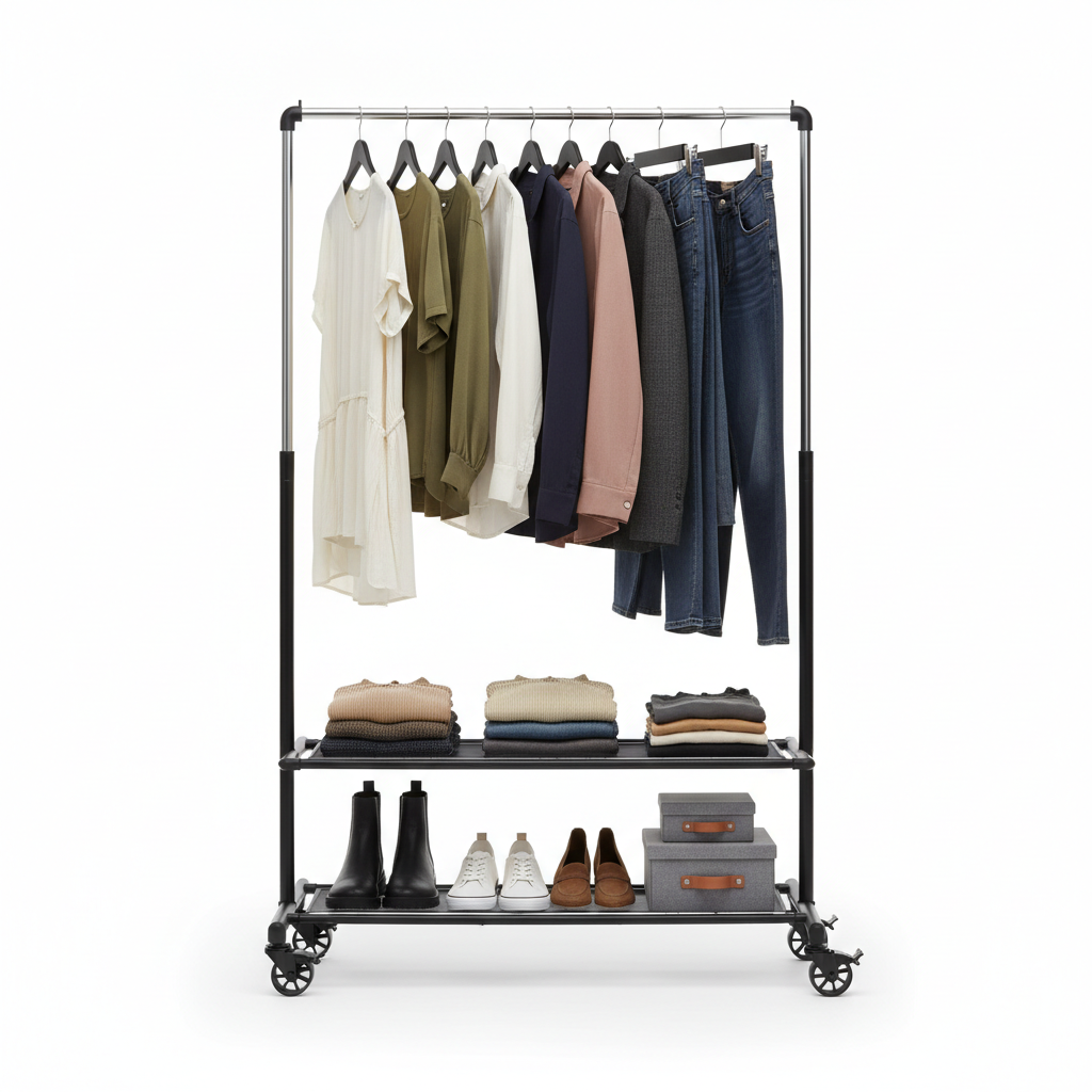 Rolling garment rack with shelves on wheels holding clothes and shoes