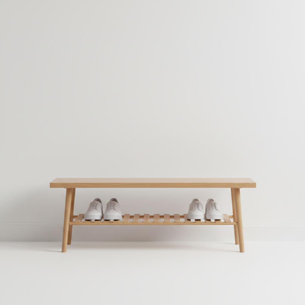 Slim entryway shoe bench with wooden storage shelf underneath