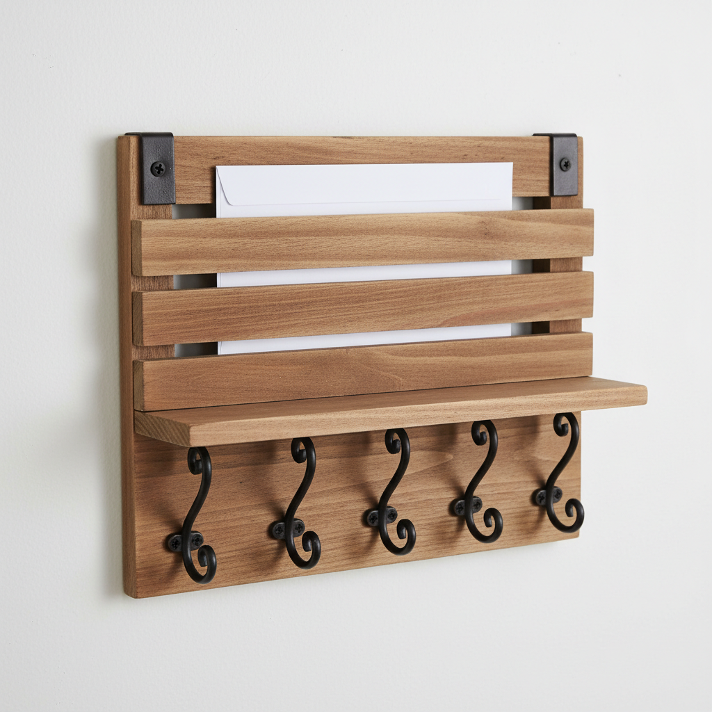 Wall-mounted rustic wood and metal key and mail organizer with hooks, mail slot and shelf